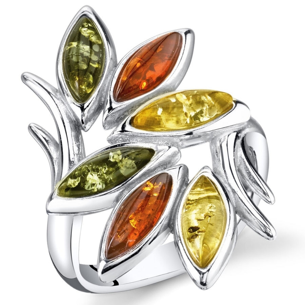 S925 Amber ring, multi-colored branches of stones set in silver, sz: 8, NEW!
